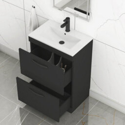 Royal Bathrooms Turin 600mm Floor Standing Vanity Unit Matt Black 2 Drawer Minimalist Basin With Matt Black Handles - thumbnail 5