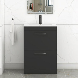 Royal Bathrooms Turin 600mm Floor Standing Vanity Unit Matt Black 2 Drawer Minimalist Basin With Matt Black Handles - thumbnail 1
