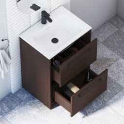Royal Bathrooms Livora 600mm Walnut Woodgrain Floor Standing Bathroom Vanity Unit 2 Drawer With Stone Basin & Matt Black Handle - thumbnail 4