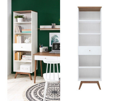 Impact Furniture Tall Cabinet Bookcase Shelving Display Open Storage Unit With Drawer Wood Legs Scandi White Walnut Heda - image 1