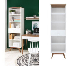 Impact Furniture Tall Cabinet Bookcase Shelving Display Open Storage Unit With Drawer Wood Legs Scandi White Walnut Heda