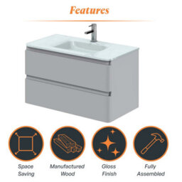 Plum&clay Marvel Gloss Light Grey Wall Hung Bathroom Vanity Unit With White Glass Basin (W)900mm - thumbnail 6