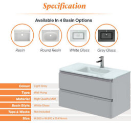 Plum&clay Marvel Gloss Light Grey Wall Hung Bathroom Vanity Unit With White Glass Basin (W)900mm - thumbnail 5