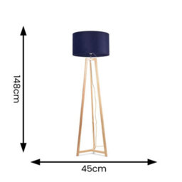 Valuelights Lottie Natural Wood Tripod Floor Lamp With Navy Blue Velvet Drum Shade - thumbnail 4