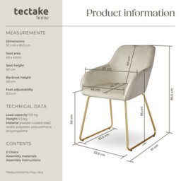 Tectake Set Of 2 Dining Chair Jeane - Velvet Look, Cantilever Frame  - Velvet Look Cream/gold - thumbnail 6