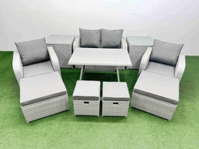 Fimous Rattan Garden Furniture Dining Set 8-Seater Patio Rectangular Table Sofa Set With 2 Side Tables 4 Stools Light Grey - image 1