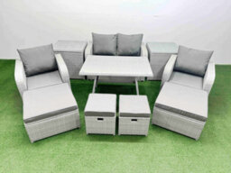 Fimous Rattan Garden Furniture Dining Set 8-Seater Patio Rectangular Table Sofa Set With 2 Side Tables 4 Stools Light Grey - thumbnail 2