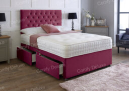 Comfy Deluxe 4Ft Small Double Maroon  Plush Velvet Pocket Divan Bed & Chesterfield Headboard 2 Drawers One Each Side