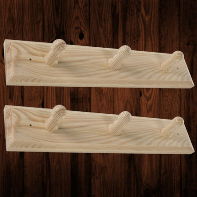 Woodeedoo Set Of 2 Wooden Coat Hooks Wall Mounted 3 Pegs Each Unpainted Pine Rack For Wall Or Door 28 X 6 X 5.5 Cm Per Unit - image 1