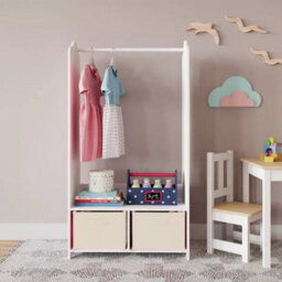 Urbn-Living Urbnliving 120Cm Height Kids White Wooden Hanging Clothes Rail Cream Wardrobe Storage Shelves With Mirror - thumbnail 2