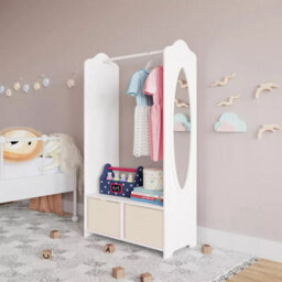 Urbn-Living Urbnliving 120Cm Height Kids White Wooden Hanging Clothes Rail Cream Wardrobe Storage Shelves With Mirror - thumbnail 1