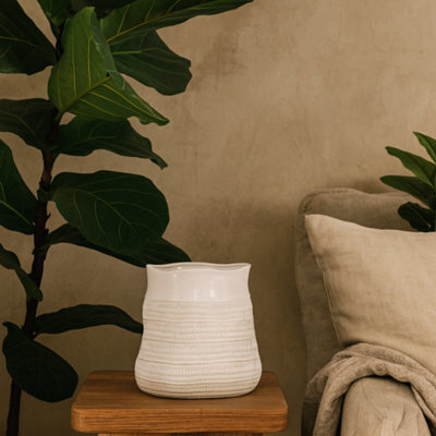 Wyld Haus Saffron Wide Hewn Ceramic Vase With Textured Scandi Pattern, White, 260mm - image 1