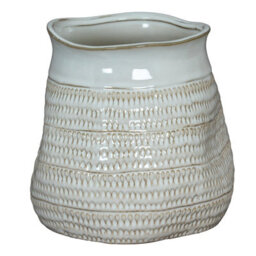 Wyld Haus Saffron Wide Hewn Ceramic Vase With Textured Scandi Pattern, White, 260mm - thumbnail 2