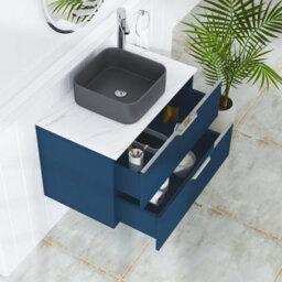 Royal Bathrooms Evora 800mm Midnight Blue Fluted Wall Hung Countertop Vanity Unit 2 Drawer With Art Square Basin - thumbnail 3
