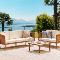 Beliani 3-Seater Garden Sofa In Acacia Wood With Light Beige Cushions, W179 X D65 X H76Cm - thumbnail 2