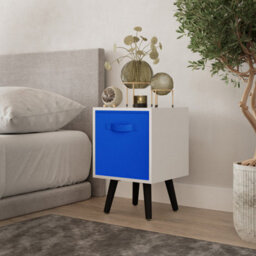 Urbn-Living Urbnliving 51Cm Height White Wooden Cube Storage Bookcase Black Legs With Dark Blue Inserts