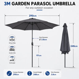 Shopnbits 3M Garden Parasol Umbrella Outdoor Patio Sun Shade Crank Tilt Uv Water Resistant Grey - thumbnail 2