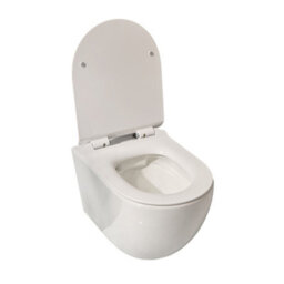 Homestylestore White Bathroom Wall Hung Rimless Toilet Tall Wall Frame And Chrome Round Flush Plate - thumbnail 2