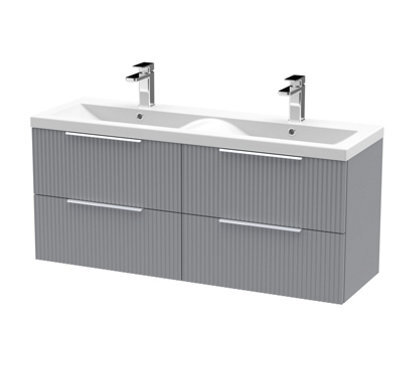 Hudson Reed Fluted Wall Hung 4-Drawer Vanity And Double Ceramic Basin, Stylish Sink Vanity Unit, Satin Grey, 1200mm - image 1