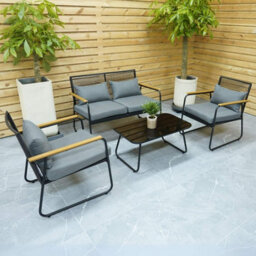 Home Source Cove Black Metal 4 Piece Outdoor Garden Table And Chair Set Padded Cushion Glass Tabletop - thumbnail 1