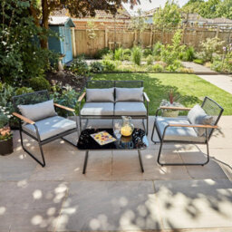 Home Source Cove Black Metal 4 Piece Outdoor Garden Table And Chair Set Padded Cushion Glass Tabletop - thumbnail 2