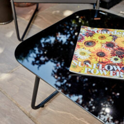 Home Source Cove Black Metal 4 Piece Outdoor Garden Table And Chair Set Padded Cushion Glass Tabletop - thumbnail 9