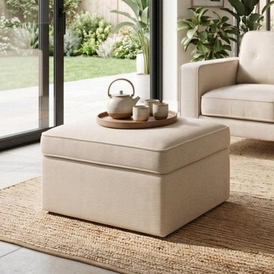 Furniturebox Uk Jasper Cream Linen-Look Fabric Storage Footstool - image 1