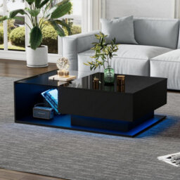 Btm Led Coffee Table, Modern High Gloss Black Center Table With Glass & Drawer For Living Room - thumbnail 3