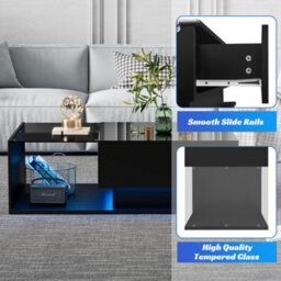Btm Led Coffee Table, Modern High Gloss Black Center Table With Glass & Drawer For Living Room - thumbnail 6