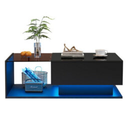 Btm Led Coffee Table, Modern High Gloss Black Center Table With Glass & Drawer For Living Room - thumbnail 7