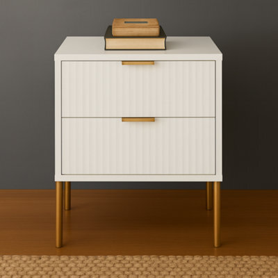 Home Treats Ridged Bedside Table White Wooden 2 Drawer Side Table Gold Handles 63 X 50 X 40 Cm - image 1