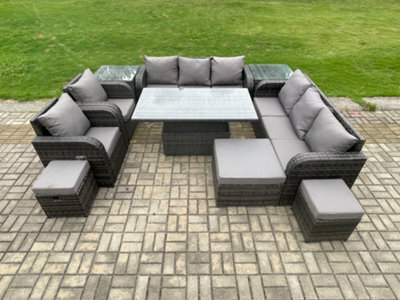 Fimous 11 Seater Rattan Outdoor Garden Furniture Sets Height Adjustable Rising Lifting Diningtable Sofa Set With Reclining Chair - image 1
