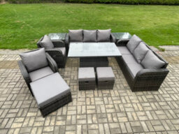 Fimous 11 Seater Rattan Outdoor Garden Furniture Sets Height Adjustable Rising Lifting Diningtable Sofa Set With Reclining Chair - thumbnail 2