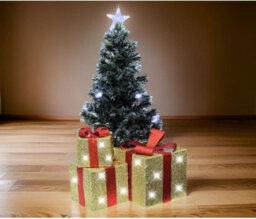 Christmas Light Up Gift Boxes - 3Pc Led Decoration Set With 58 Warm White Lights (Golden Box With Red Bow) - thumbnail 6