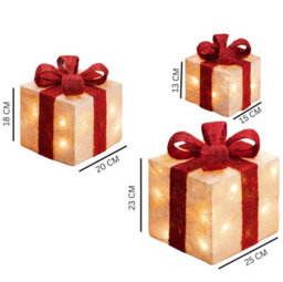 Christmas Light Up Gift Boxes - 3Pc Led Decoration Set With 58 Warm White Lights (Golden Box With Red Bow) - thumbnail 4