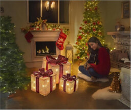 Christmas Light Up Gift Boxes - 3Pc Led Decoration Set With 58 Warm White Lights (Golden Box With Red Bow) - thumbnail 2