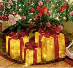 Christmas Light Up Gift Boxes - 3Pc Led Decoration Set With 58 Warm White Lights (Golden Box With Red Bow)