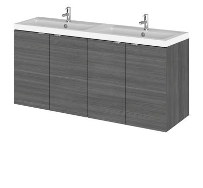Hudson Reed Fusion Wall Hung 4 Door Vanity Unit & Twin Polymarble Basin, Sink Vanity Unit, Anthracite Woodgrain, 1200mm - image 1