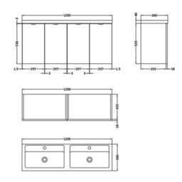 Hudson Reed Fusion Wall Hung 4 Door Vanity Unit & Twin Polymarble Basin, Sink Vanity Unit, Anthracite Woodgrain, 1200mm - thumbnail 4