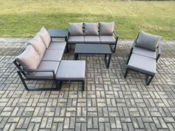 Fimous Aluminium 7 Pieces Garden Furniture Set With Cushions 9 Seater Outdoor Lounge Sofa Set With 2 Big Footstools Side Table - thumbnail 1