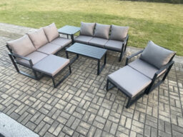 Fimous Aluminium 7 Pieces Garden Furniture Set With Cushions 9 Seater Outdoor Lounge Sofa Set With 2 Big Footstools Side Table - thumbnail 2