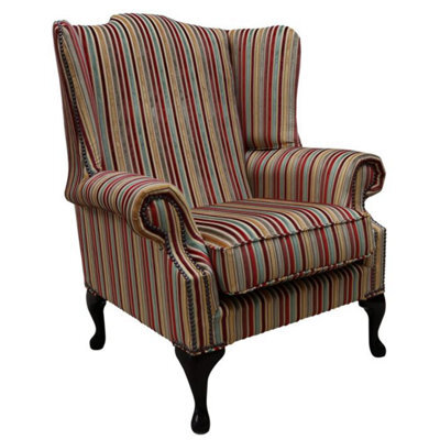 Chesterfield High Back Wing Chair Riga Stripe 03 Velvet Fabric In Mallory Style - image 1