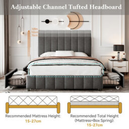 BTM 4Ft6 Double Upholstered Bed With 4 Storage Drawers, Velvet Frame, Adjustable Headboard, Grey (No Mattress) - thumbnail 4