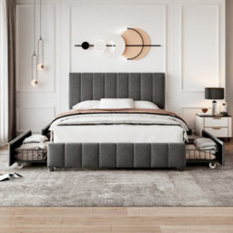 BTM 4Ft6 Double Upholstered Bed With 4 Storage Drawers, Velvet Frame, Adjustable Headboard, Grey (No Mattress)