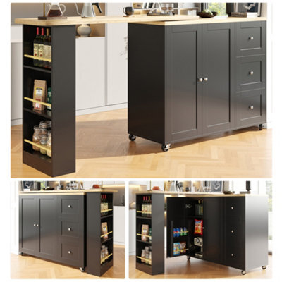 Abrihome Swivel Bar Table W/ 3 Drawers, Snack Rack & Castors, Multifunctional Kitchen Island, Black, 138-209Cm - image 1