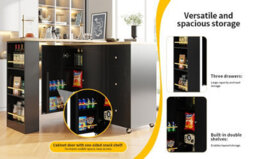 Abrihome Swivel Bar Table W/ 3 Drawers, Snack Rack & Castors, Multifunctional Kitchen Island, Black, 138-209Cm - thumbnail 5