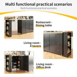 Abrihome Swivel Bar Table W/ 3 Drawers, Snack Rack & Castors, Multifunctional Kitchen Island, Black, 138-209Cm - thumbnail 7