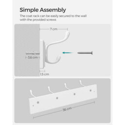 Songmics Wall Hook Set Of Two, Mounted Coat Racks, Dual Metal Hooks, Hallway Bedroom Storage Organizer, White - thumbnail 5