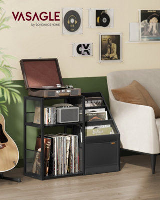 LEDREM Record Player Stand, 3-Tier Side Table, Vinyl Record Storage Up To 100 Albums, End Table For Living Room, Bedroom, Ebony Black