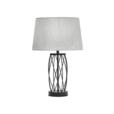 Lighting Supermarket Ashleigh Black Metal Lattice Cylinder Lantern Table Lamp With Grey Linen Shade - image 1
